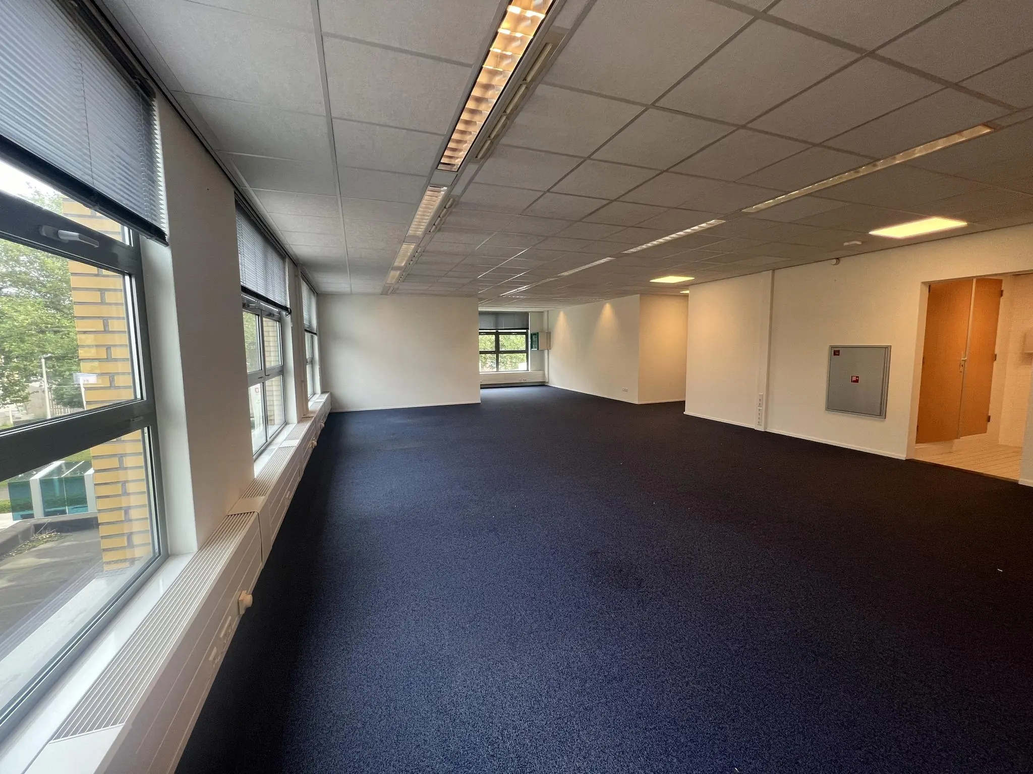 Leeg kantoorruimte aan de Rivium 2e Straat met grote ramen en blauw tapijt.